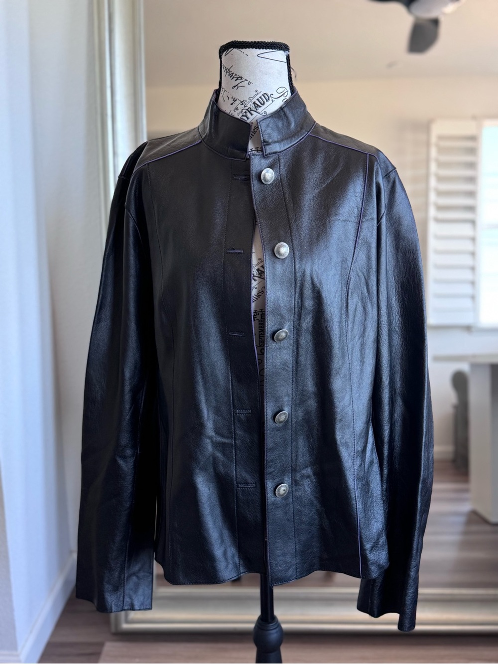 Y2K Reversible Black Leather Purple Suede Button Down Mandarin Collar Jacket